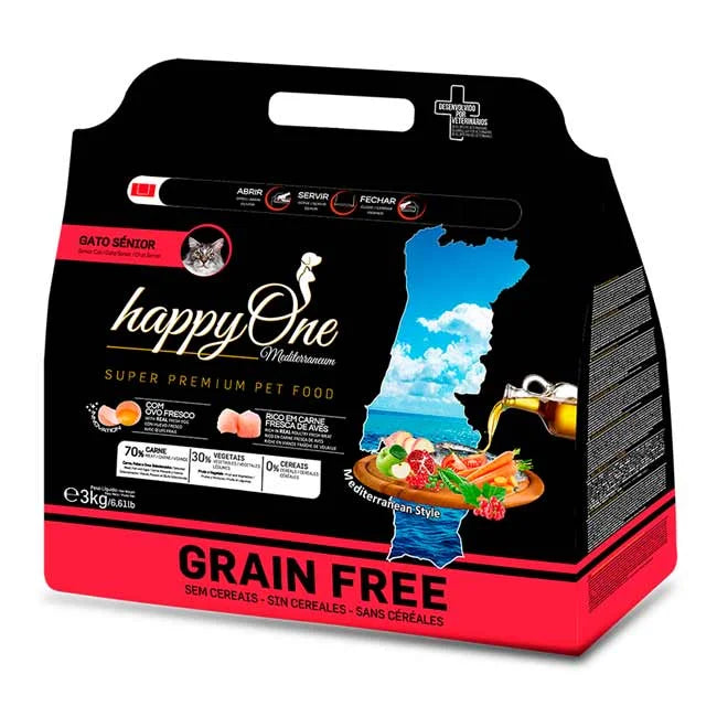 happyOne Mediterraneum Ração Seca Carne Fresca de Aves Sênior - 3 kg