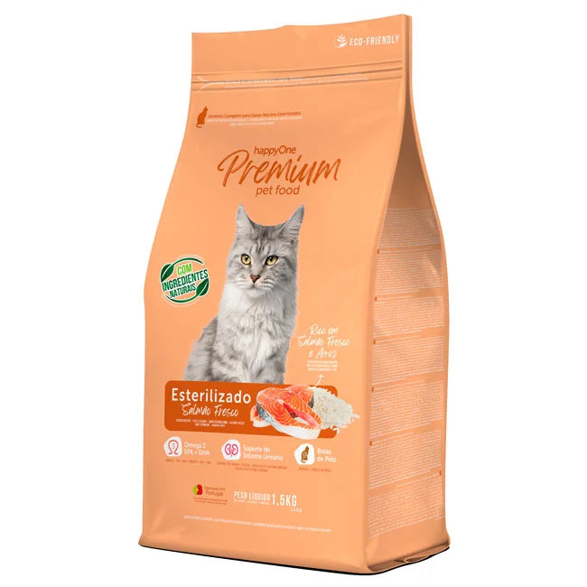happyOne Premium Ração Seca Salmão Fresco Esterilizados - 1,5 Kg