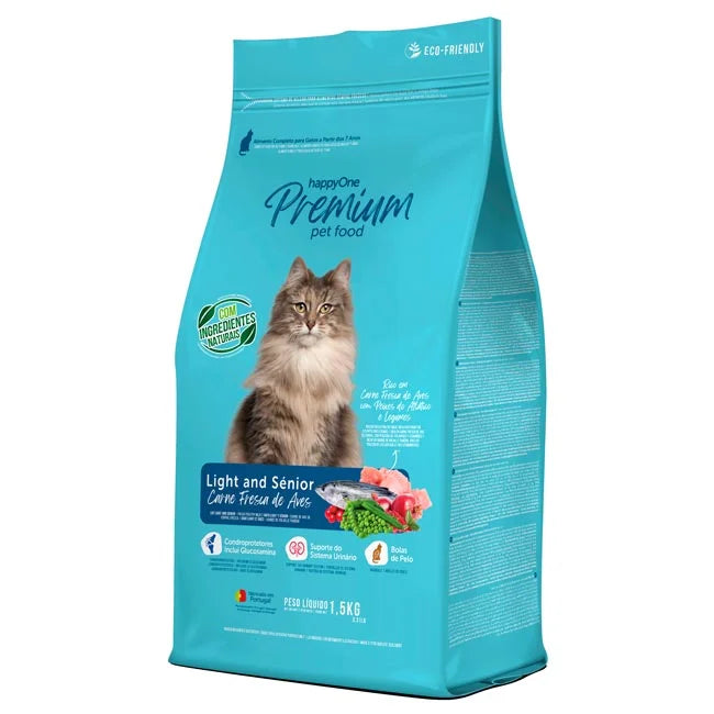 happyOne Premium Ração Seca Carne Fresca de Aves Light & Senior - 1,5 Kg