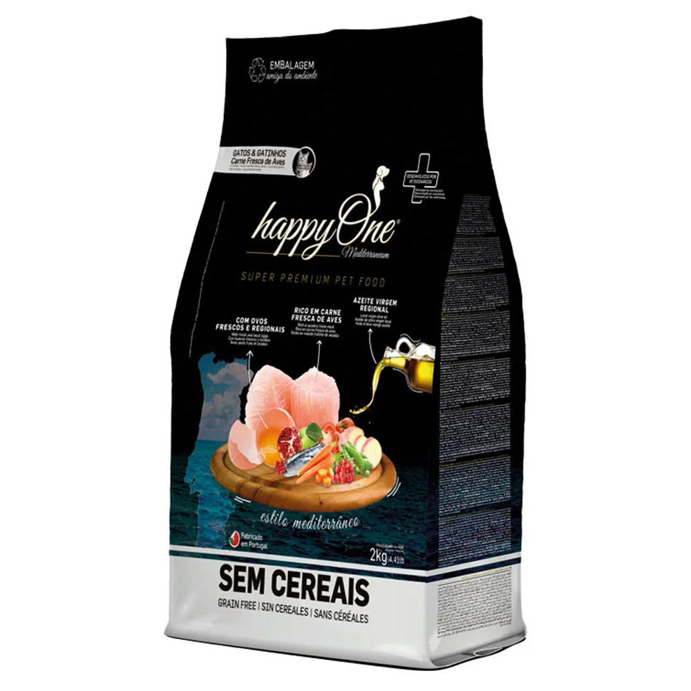 happyOne Mediterraneum Ração Seca Carne Fresca de Aves Gatos e Gatinhos - 2 kg