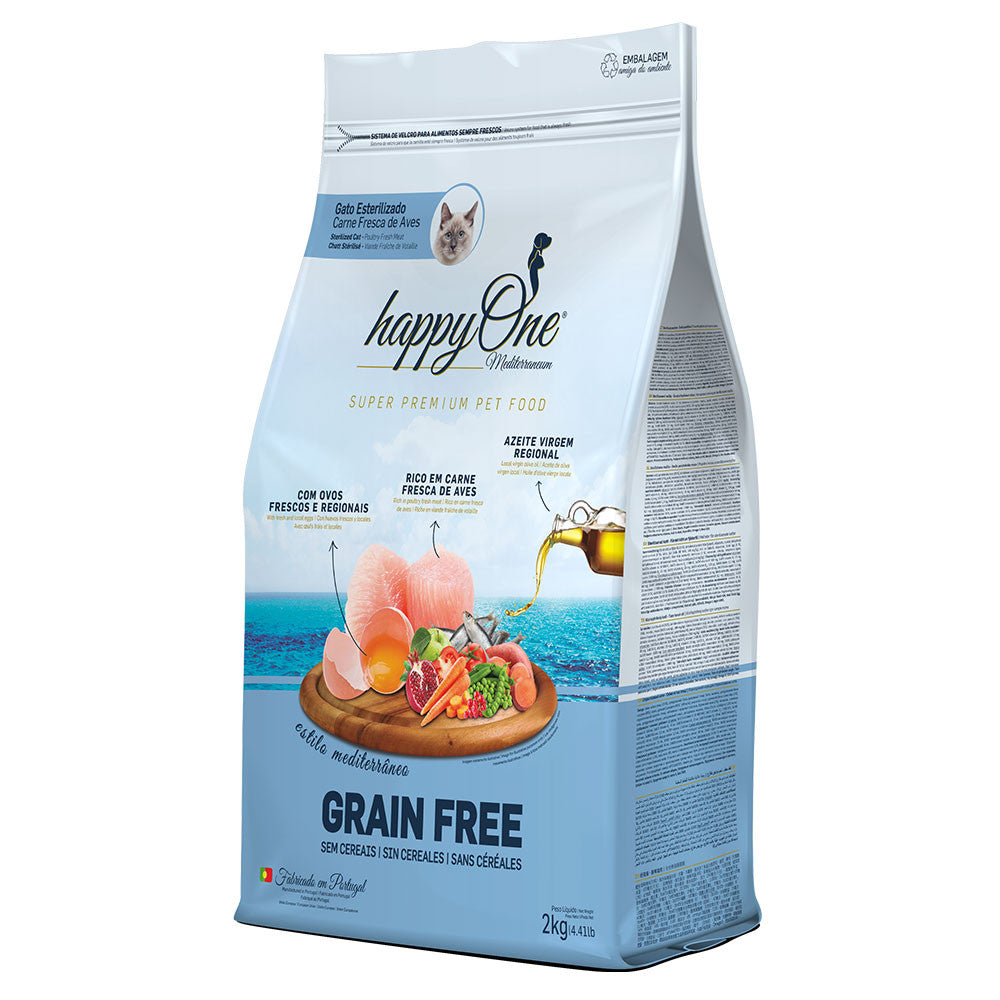 happyOne Mediterraneum Ração Seca Carne Fresca de Aves Esterilizados